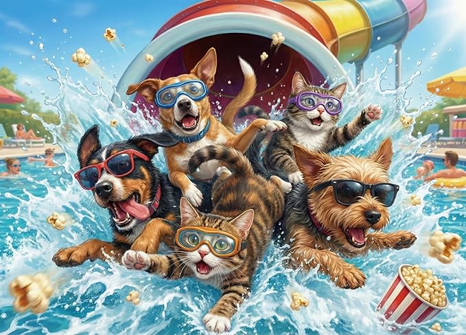Puzzles for Adults 1000 Pieces, Funny Dog Cat Jigsaw Puzzles for Adults, Water Park Cool Fun Hard Difficult Challenging Jigsaw Puzzles 1000 Pieces Family Activity Game Nights Gifts