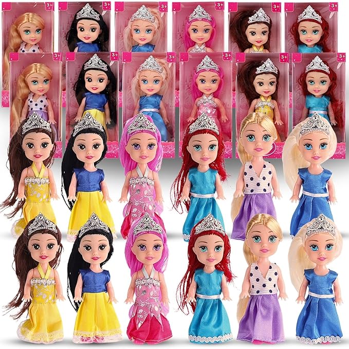 Liberty Imports 12 Pack Little Royal Princess Dolls - Mini Pocket Size Toddler Toys Fantasy Pretend Play Set with Dress, Accessories for Kids, Girls Dollhouse, Party Favors (4.5-inches)