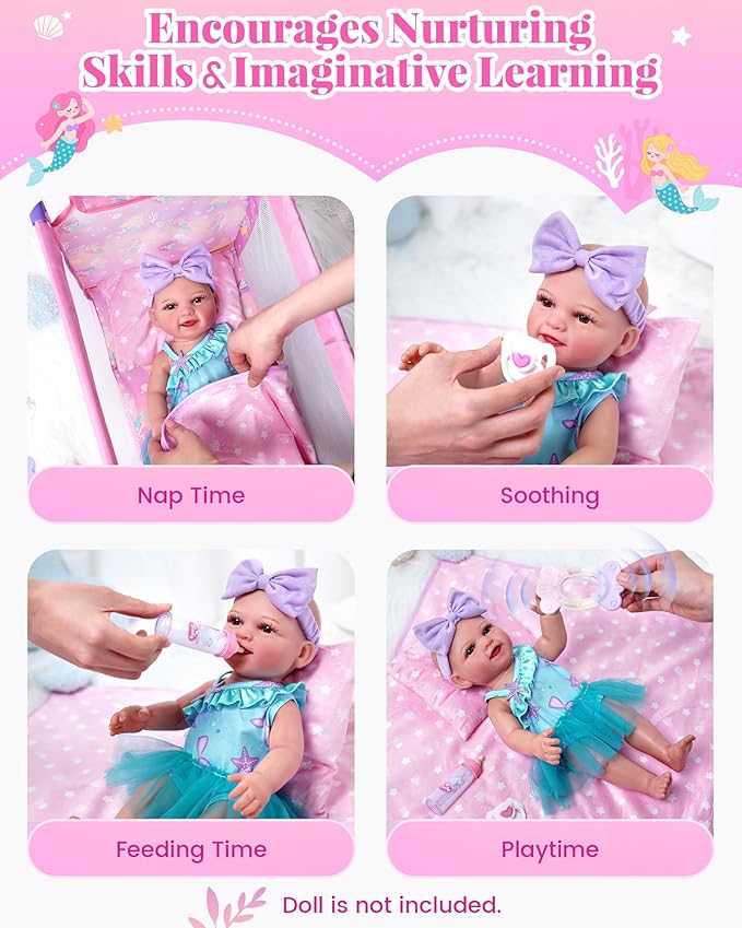 BABESIDE Baby Doll Crib Playset with Bedding & Accessories, Portable Baby Doll Crib for 18 Inch Dolls, Pretend Play Gift for Girls