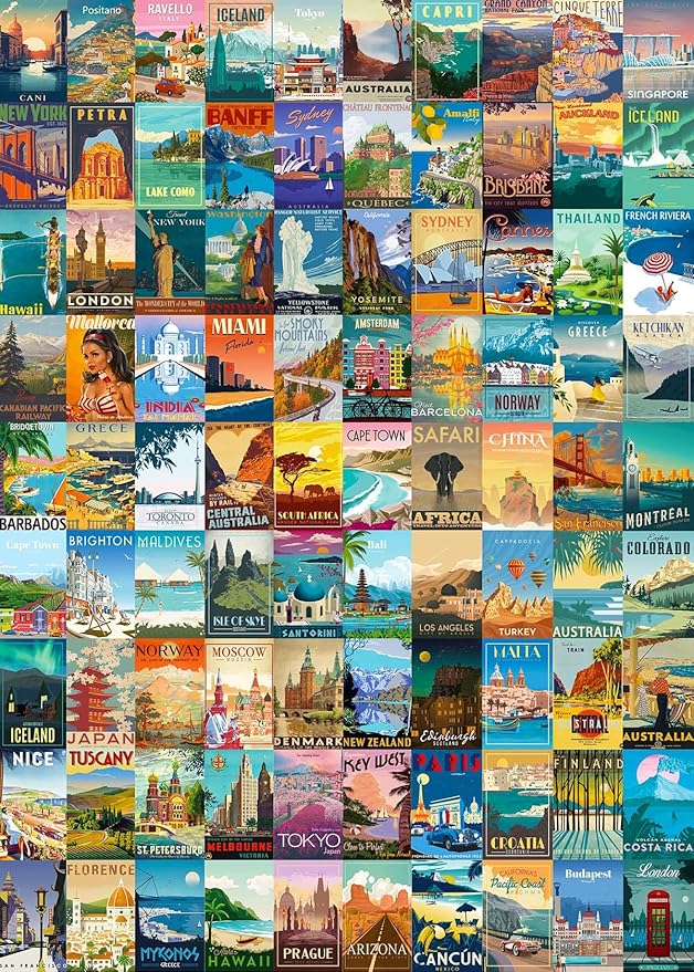 Puzzles for Adults 1000 Pieces Vintage World Travel, Jigsaw Puzzles Landscape Poster Puzzle Landmarks, 1000 Piece Jigsaw Puzzles for Adults 90 Scenics World Scenery