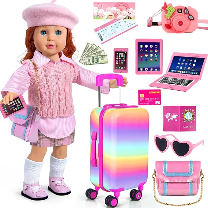 WONDOLL American 18-inch-Doll-Clothes and Accessories Girl-Travel-Suitcase Luggage,Clothes and Shoes, Bag, Sunglasses, Camera, Passport, Notebook, Phone, pad Travel Gear Play Set Fit(No Doll)