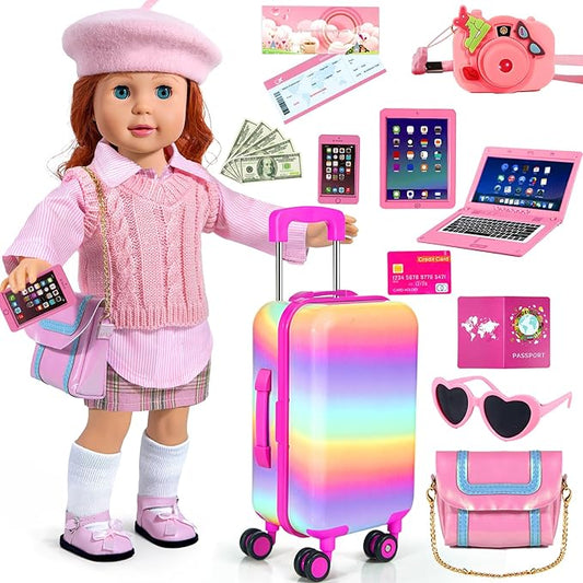 WONDOLL American 18-inch-Doll-Clothes and Accessories Girl-Travel-Suitcase Luggage,Clothes and Shoes, Bag, Sunglasses, Camera, Passport, Notebook, Phone, pad Travel Gear Play Set Fit(No Doll)
