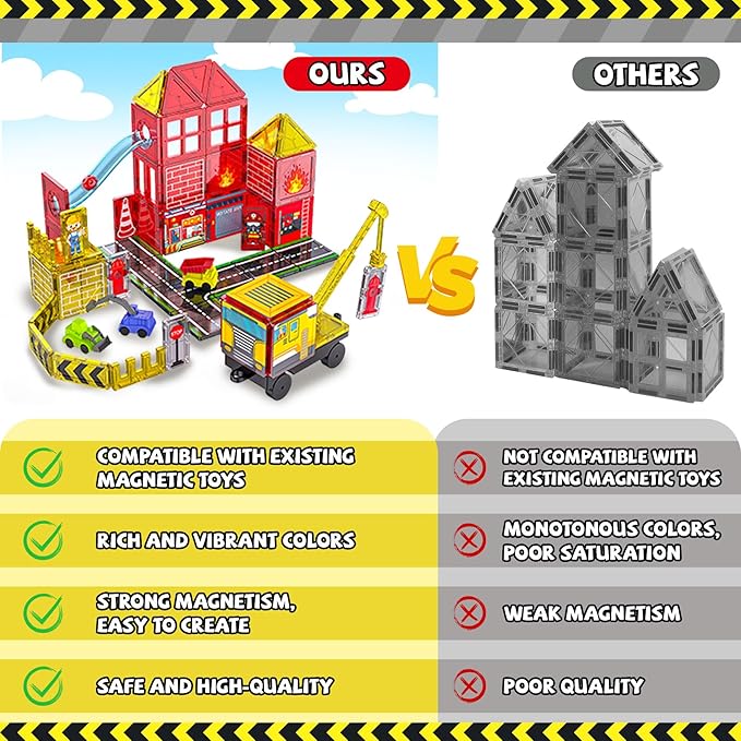 Magnetic Tiles for Kids, 56PCS Construction Magnet Tiles with Fire Truck & Station, Building, Road, Crane, and Car Truck - STEM Magnetic Blocks for Kids Ages 4-8, Toys for 4+ Year Old Boys Gifts