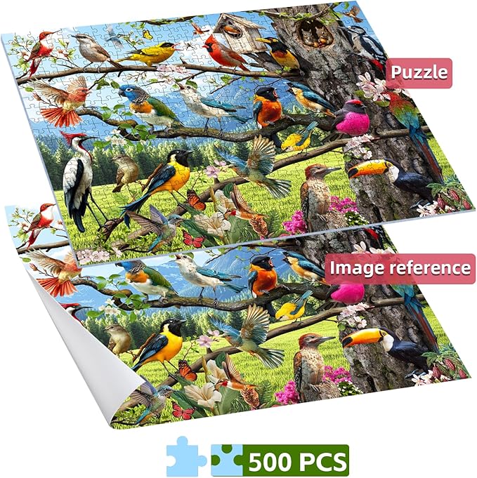 Jigsaw Puzzles 500 Pieces, Wild Birds Puzzles for Adults, Nature Puzzle with Hummingbirds and Flowers Colorful 500 Piece Puzzle