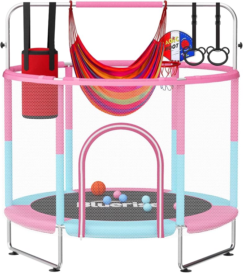 BLUERISE 55IN 6FT Toddler Trampoline for Kids Indoor Outdoor Play for Kids Trampoline Basketball Hoop Attachment with Enclosure Net Easy to Assemble