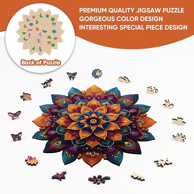 Mys Aurora Purple Mandala Puzzles for Adults 500 Pieces, Colorful Flower Jigsaw Puzzles, Unique Shaped Round Wooden Puzzles for Adults and Kids, Birthday Gift and Family Game, 16.4 x 16.4 Inches