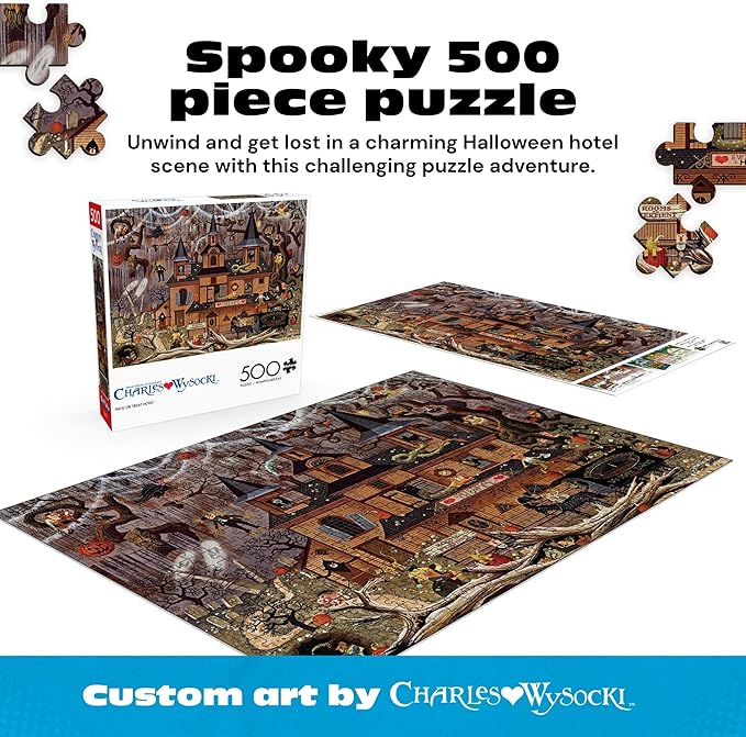 Buffalo Games - Trick or Treat Hotel - 500 Piece Puzzle for Adults - Charles Wysocki Fall Jigsaw Puzzles - Challenging Halloween Scene with Poster – 500 Vibrant Pieces for Autumn