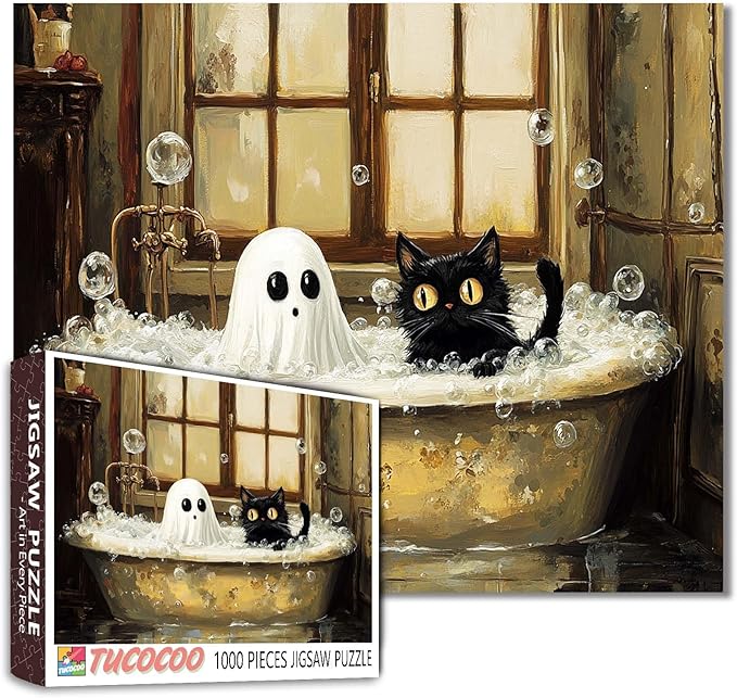 1000 Pieces Halloween Jigsaw Puzzles for Adults,Cute Little Devil Black Cat Bathroom Puzzles, Unique Home Decor Gifts for Friends and Family Wall Decor 19.7 x 27.6 Inch
