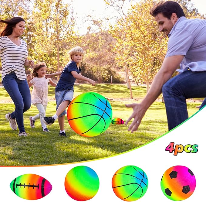 Hxezoc 4 Pack Sports Balls Set 6 Inch Inflatable Vinyl Balls with Added Hand Air Pump, Neon Basketball, Soccer, Volleyball and Football for Kids and Toddlers Playground Indoor and Outdoor Use