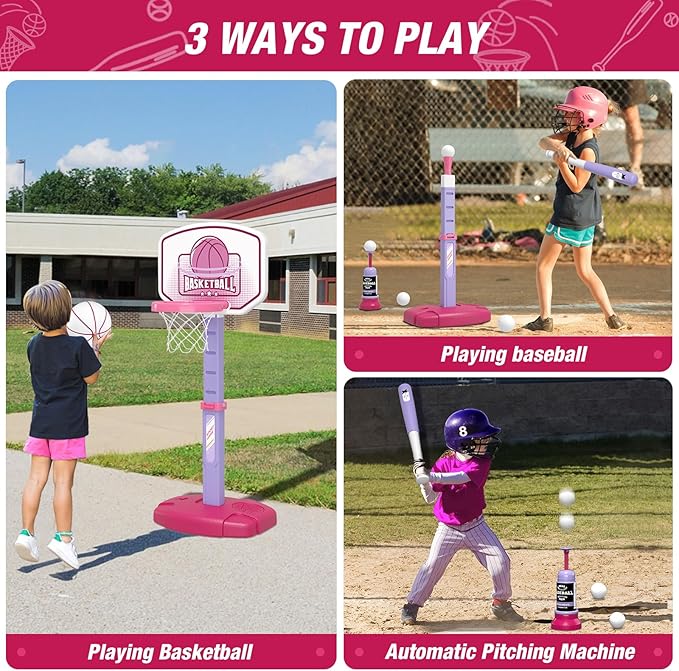 2 in 1 Toddler Basketball Hoop and T Ball Set with Automatic Pitching Machine - Adjustable Height, Kids Basketball Hoop Suit for Indoor/Outdoor, Sport Toys Gifts for Girls Age 3-8, Pink