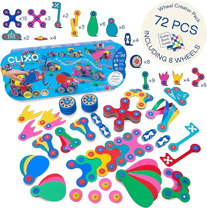 Clixo Wheel Creator Pack, 72 Pieces Pack - Construction Magnet Toy. Flexible, Creative-Boosting Magnetic Building Tiles. Educator-Approved Design for Hours of STEM Play. Multisensory Toy. Age 4-99.