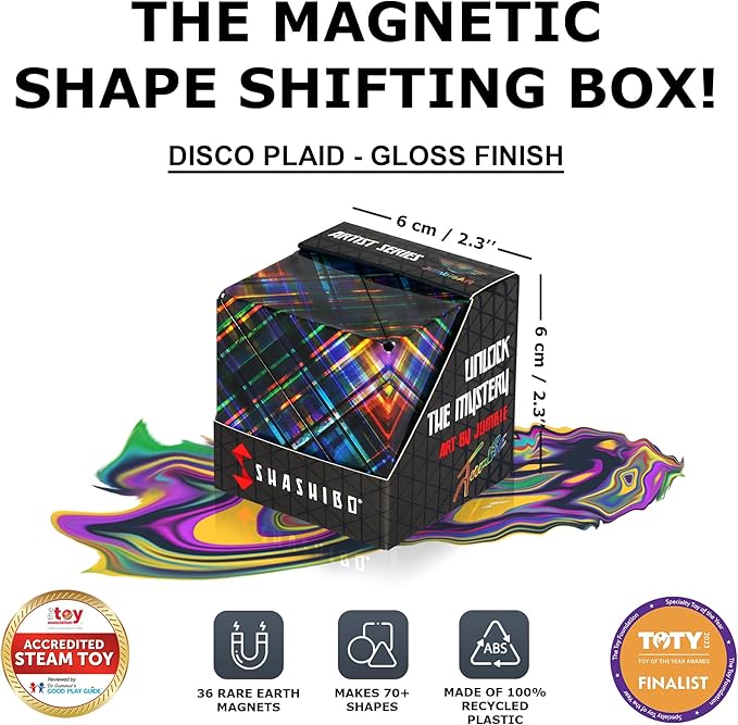 Shashibo Shape Shifting Box - STEM Fidget Toy with Ultra Strong Magnets - Sensory Puzzle Cube Transforms Into 100+ Shapes, Easter Basket Stuffers Gift for Kids, Teens, and Adults (Disco Plaid)