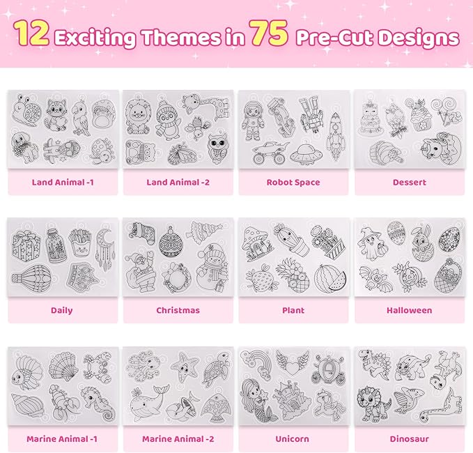201pcs Shrink Paper Keychain Kit, 24 Blank & 12 Pre-Cut Sheets (75 Patterns) Crafts Kits for Kids Adults, Shrinking Art Activity Set with Hole Punch & Keychain Jewelry Accessories for DIY Crafts