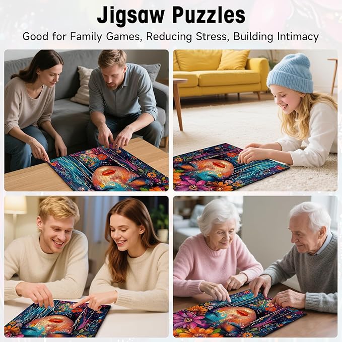 500 Piece Puzzles for Adults, Floral Art Woman Portrait Jigsaw Puzzle, Colorful Flower Decor Cardboard Puzzle with Letters on Back for Game Nights & Home Decor, 15×20 Inch