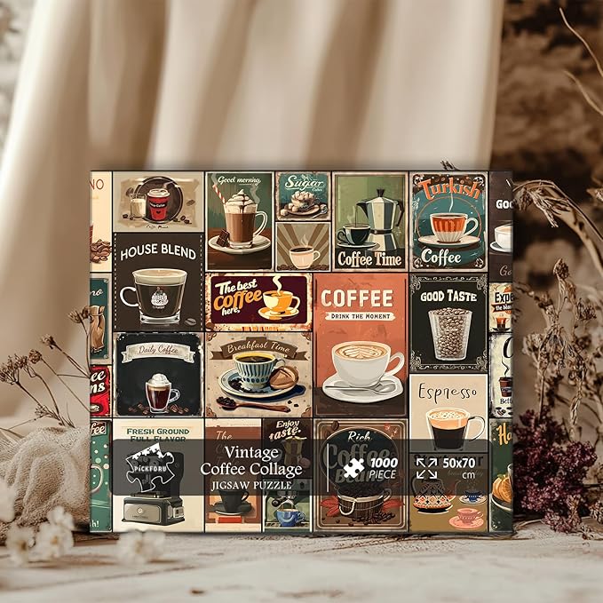 Vintage Coffee Collage Puzzles for Adults 1000 Pieces, PICKFORU Breakfast Food Jigsaw Puzzle Coffee Latte, Hard Difficult Retro Poster Theme for Home Wall Decor