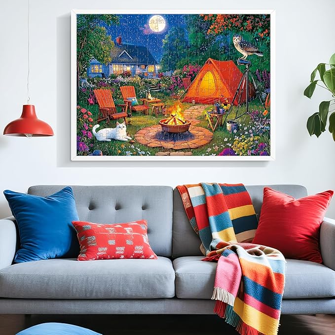 300 Pieces Puzzles for Adults,Moonlight Backyard Camping Puzzle,300 Pieces Puzzle for Adults Large Piece,Cute Cat Jigsaw Puzzles for Kids Ages 8-10,Gifts for Christmas Family Games Lovers 20.5 x 15 in