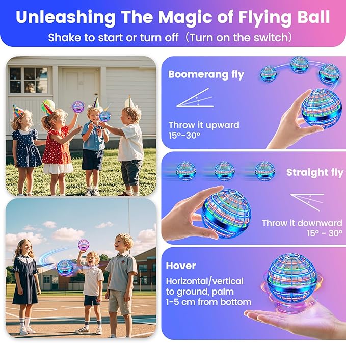 Flying Orb Ball Toy, 2026 Upgrade Hand Controlled Hover Ball with LED Lights,360° Rotating Boomerang Globe Cool Mini Drone, Ideal Birthday&Christmas Gift for Boys Girls-Blue & Purple