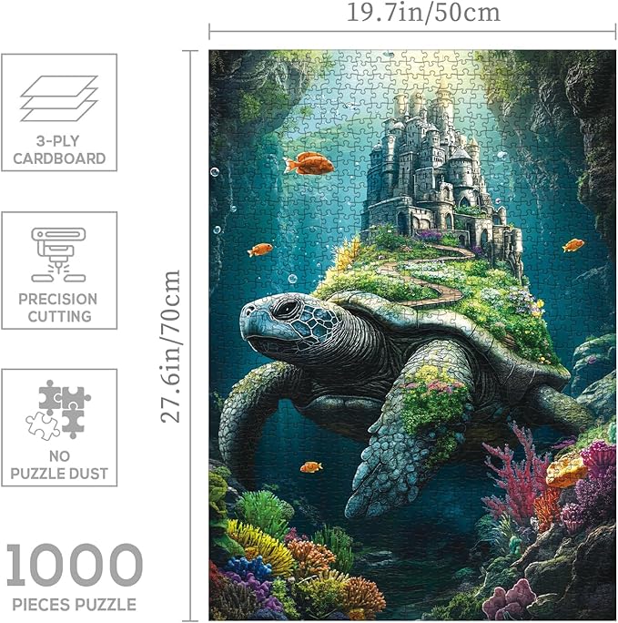 Fantasy Sea Turtle Ocean Puzzle 1000 Pieces for Adults, Turtle Castle Animals Nature Jigsaw Puzzles, Underwater Coral Vintage Art Puzzles