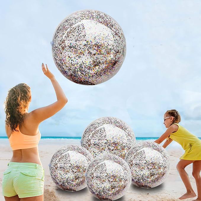 5 Pcs Inflatable Beach Balls, 16 Inch & 24 Inch Large Confetti Glitter Beach Balls, Sequins Clear Blow up Pool Balls Toys for Holiday Party Decorations 2026 New Year Birthday Summer Swimming Pool