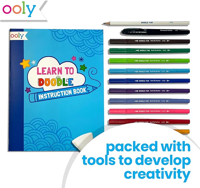 Ooly 17 PC Doodle Fun Draw & Color Activity Kit - Learn to Draw +260 Designs with 60 Page Instruction Book, Markers, Pencil & More- Great Screen-Free Entertainment
