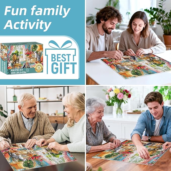 Puzzles for Adults 500 Pieces,Cute Cats Puzzle for Adults,Cozy House & Kittens Jigsaw Puzzles,Recyclable Cardboard Puzzles for Seniors,Puzzle for Family Game Nights, 20.5x15 in