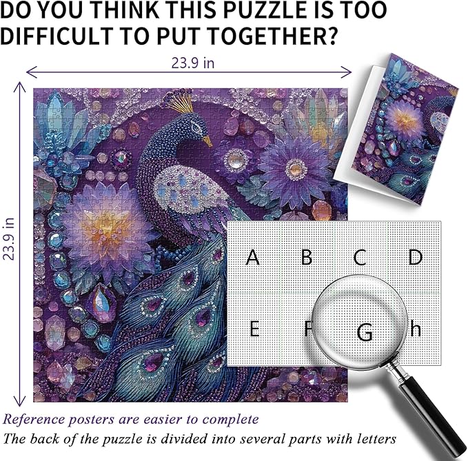 PICKFORU Peacock Puzzles for Adults 1000 Pieces, Purple Diamond Bird Jigsaw Puzzles Flower, Hard Unique Animal Feather Puzzle