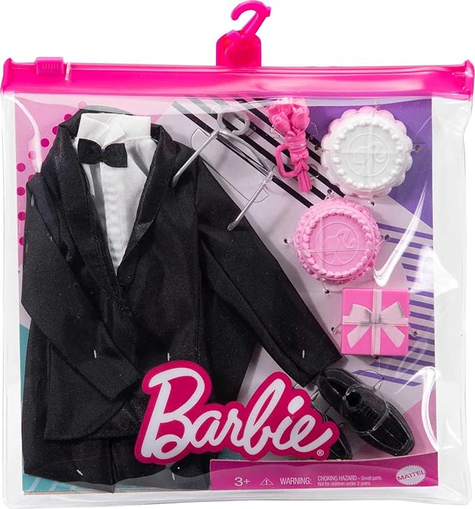 Barbie Fashion & Accessories Pack, Bridal Set with Groom Outfit for Ken Doll with Tuxedo, Shoes, Watch, Wedding Cake with Tray & Bouquet