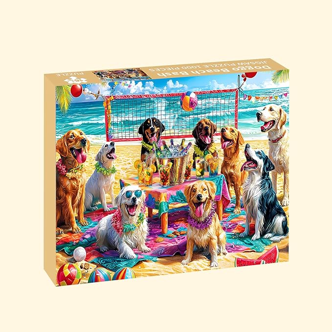 Puzzles for Adults 1000 Pieces, Dog Jigsaw Puzzles 1000 Pieces - Doggo Beach Bash, Party Decor Impossible Puzzle, Finished Size 27.56 * 19.69", with 1:1 Poster, Letter on The Back
