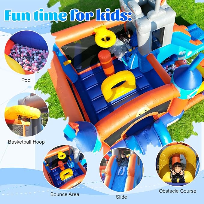 16FT Commercial Bounce House with Blower, 100% PVC Inflatable Jumper Bounce House with 2 Slides, Ball Pit, Tunnels, Climbing, 6 in 1 Bounce House Obstacle Course 16x12x10ft