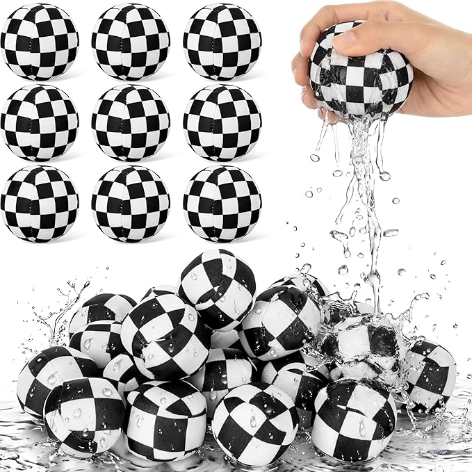 24 Pack Race Car Party Favors Reusable Water Balls Bomb for Pool, 2 Inch Water Balls Bulk Black and White Plaid Absorbent Pool Toys for Kids Beach Racing Car Party Supplies