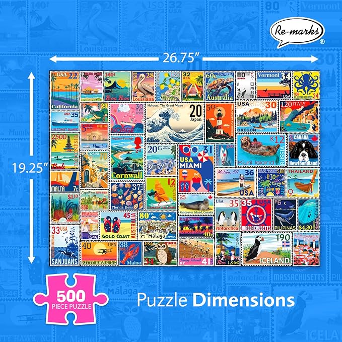 Re-marks Coastal Stamp Collage Puzzle, 500 Large Piece Jigsaw Puzzle for All Ages