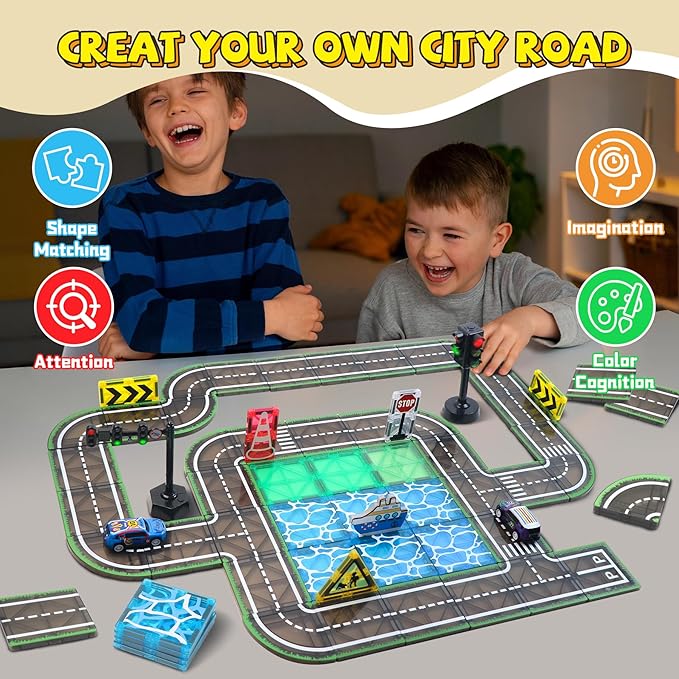 Magnetic Tiles Road Set with Pullback Car & Magnet Ship,Traffic Themed Magnetic Building Tiles Set with Traffic Light,STEM Magnet Tile for Kids Ages 3-5 4-8 5-7,Preschool Educational Kids Toys Gifts
