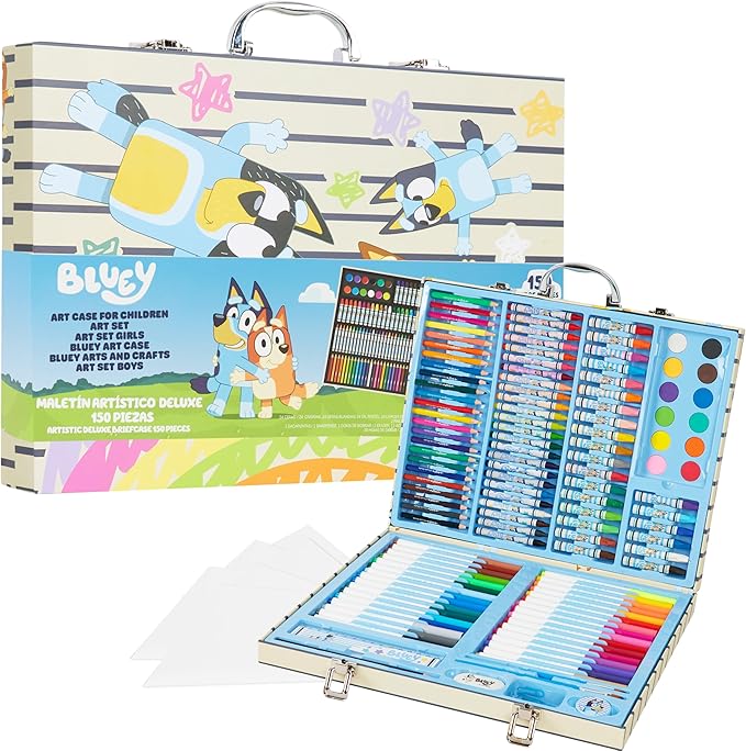 Bluey Colored Pencils Art Supplies for Boys Girls Drawing Kit Painting School Supplies Art Kit Travel Case Gifts for Kids (Blue Case)