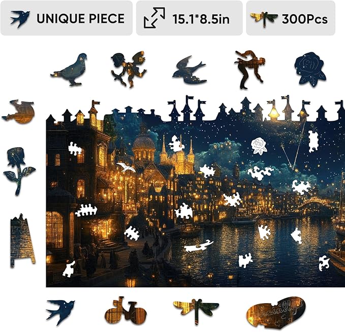 Jiroinlly Wooden Puzzles for Adults 300 Pieces, Brilliant Town, 5MM Thick Adult Jigsaw Puzzles, Unique Shaped Puzzle for Family and Friends, Home Wall Decor, Exquisite Packaging Gift, 8.5x15.1 in