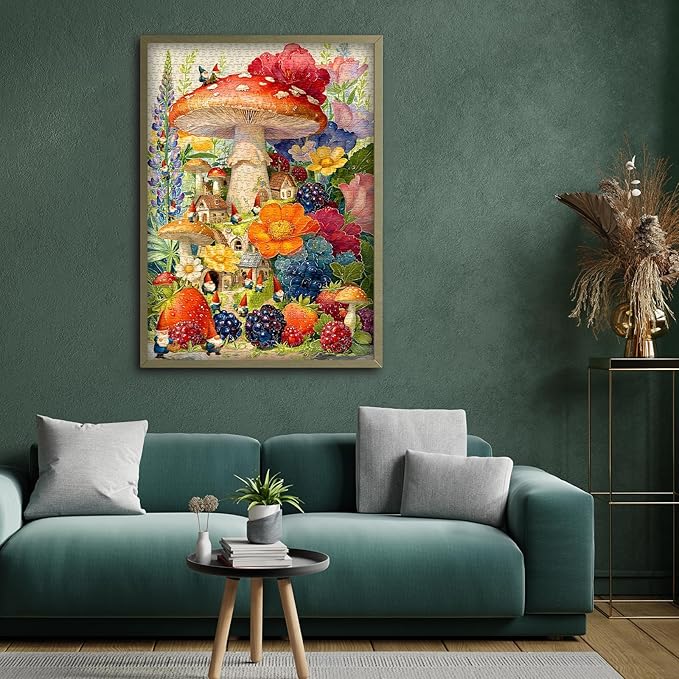 Gnome Mushroom Puzzles for Adults 1000 Pieces, Colorful Magical Floral Garden Village Jigsaw Puzzle, Fantasy Gnome House Flower Fruits Puzzle, Spring Nature Plant Challenging for Adults