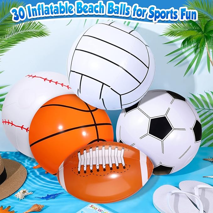 Sosation 16 Inch Inflatable Sport Balls 5 Styles Sport Beach Balls Swimming Pool PVC Ball Bulk Blow up Sports Party Decorations for Family Outdoor Beach Pool Water Sports (30 Pieces)