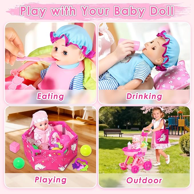 HUITEM Baby Doll Stroller Toys Set, 17 PCS Baby Doll Accessories Stroller Toys with Baby Dolls,2 Sets Doll Clothes, Playpen, Handbag, Feeding Nursery Pretend Play Gifts for Girls Toddlers 3 4 5