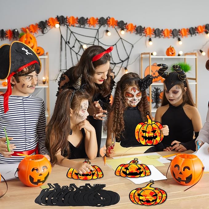 32 Sets Fall Halloween Pumpkin Suncatchers Craft Kit DIY Window Stained Glass Effect Halloween Pumpkin Paper Craft Home School Classroom Decoration Kid Birthday Gift Creative Art Project Activity Game