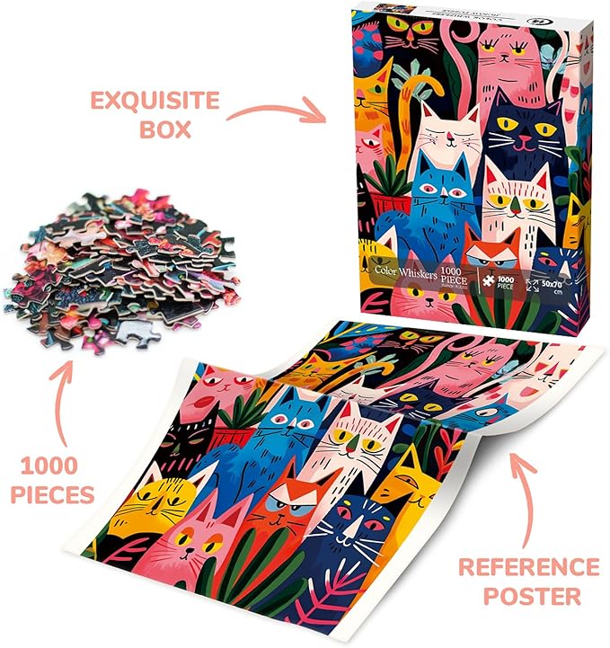 Colorful Cat Puzzle for Adults 1000 Pieces, Funny Animal Jigsaw Puzzle, Cute Kitten Plant Puzzle
