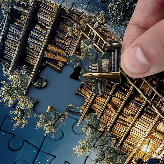 Magic Moon Library Puzzle 1000 Pieces for Adults, Night Book Forest Fantasy Jigsaw Puzzle, Vintage Space Bookshelf Nature Puzzles