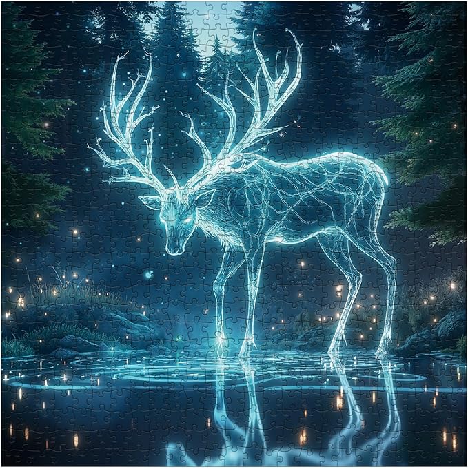 Fantasy Glowing Deer Puzzles for Adults 1000 Pieces Nature, Magic Animal Forest Art Jigsaw Puzzles, Pretty Wildlife Plant Tree of Life Reindeer Impossible Puzzle