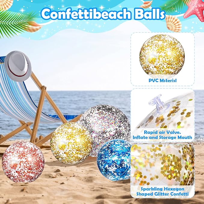 Lewtemi 12 Pcs Inflatable Glitter Beach Balls 16 Inch 24 Inch Shiny Giant Confetti Balls Swimming Pool Beach Blow up Balloon for Outdoor Summer Party Wedding Decor(Gold, Rose Gold, Purple)