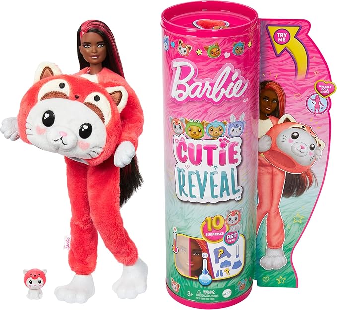 Barbie Cutie Reveal Doll & Accessories with Animal Costume & 10 Surprises Including Color Change, Kitten as Red Panda in Costume-Themed Series