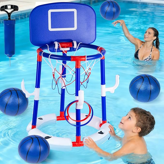 Taotuo Blue Floating Pool Basketball Hoop with Backboard, 2-in-1 Basketball & Ring Toss Game with 4 Balls, 6 Rings&Pump, Summer Pool Toys Outdoor Water Fun Family Party for Age 3-12