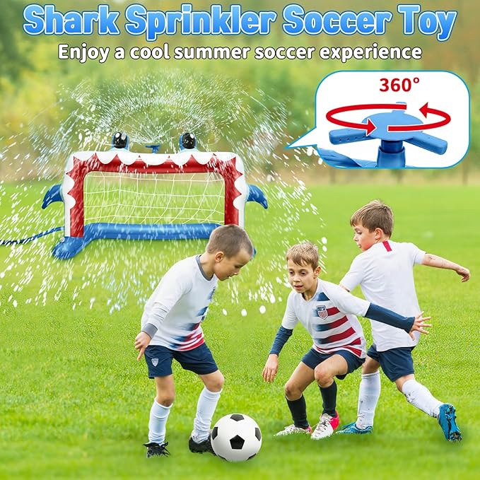 Water Sprinkler Soccer Toys, Inflatable Shark Soccer Goal Sprinkler with a Soccer Ball Backyard Outdoor Summer Toys for Boys Girls Outside Yard Water Football Game Toys for Kids Ages 3-8