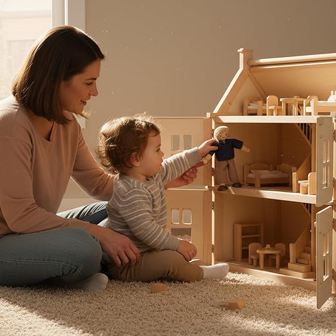 PlanToys® Mother Wooden Dollhouse Figurine | Poseable 1:12 Scale Mini Doll (5 Inch) | Dollhouse Accessories for Pretend Play | Eco-Friendly Montessori Toy for Kids Ages 3+