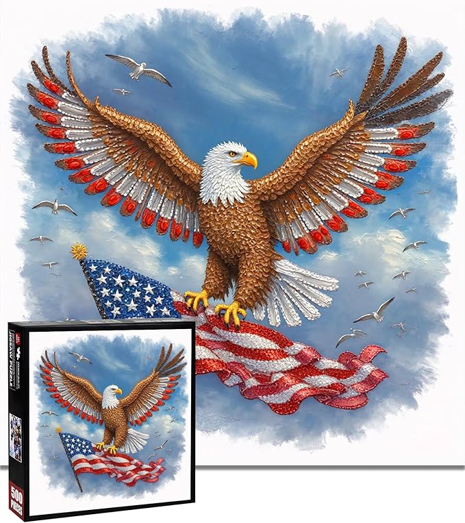 American Flag Eagle Puzzles for Adults 500 Pieces - USA Patriotic Jigsaw Puzzle Faith Country, United States Bald Eagle Puzzle with Letters on Back, US 4th of July Puzzles as Patriots Home Decor