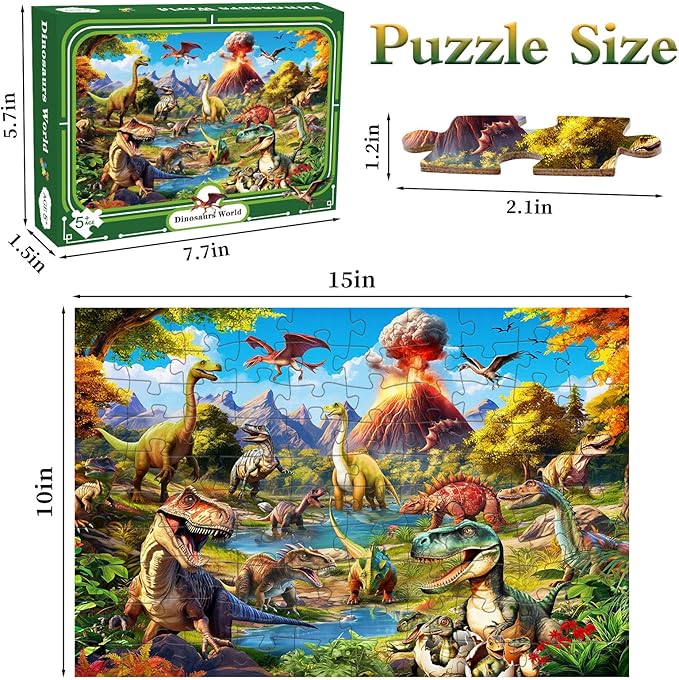 Puzzles for Kids Ages 5-8 6-8 Year Old 100 Piece Puzzles for Kids Dinosaur World Puzzle Kids Puzzles Ages 8-10 100 Piece Puzzle for Adults Learning Educational Puzzles for Boys Girls(15 "X 10")