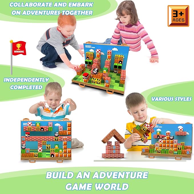 GaHoo Magnetic Blocks, Build 3D Magnet Building Toys World with Magnetic Tiles, Foldable Magnet Board, STEM Sensory Toy for Kids, Toy Building Sets Gifts for Age 3 4 5 6-10 Year Old Boys Girls