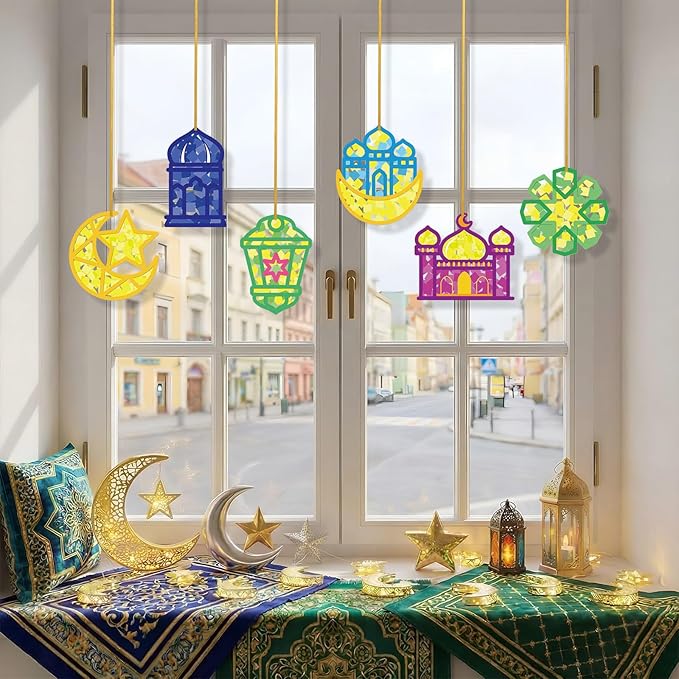 Feifeiya 24 Set Ramadan Crafts - DIY Ramadan Suncatcher Tissue Paper Craft Kit Eid Mubarak Crafts Bulk for Eid Al-fitr Activities Ornaments Hanging Decorations Party Gifts Favors Supplies